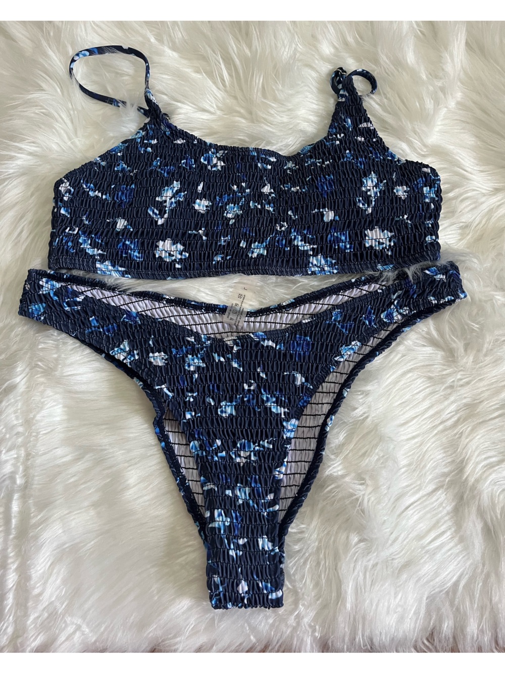 SHEIN Navy Blue Floral Smocked Bikini Set